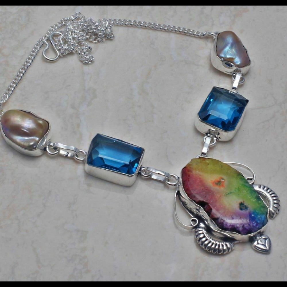 Rainbow 🌈 Solar Quartz, Blue Topaz Necklace